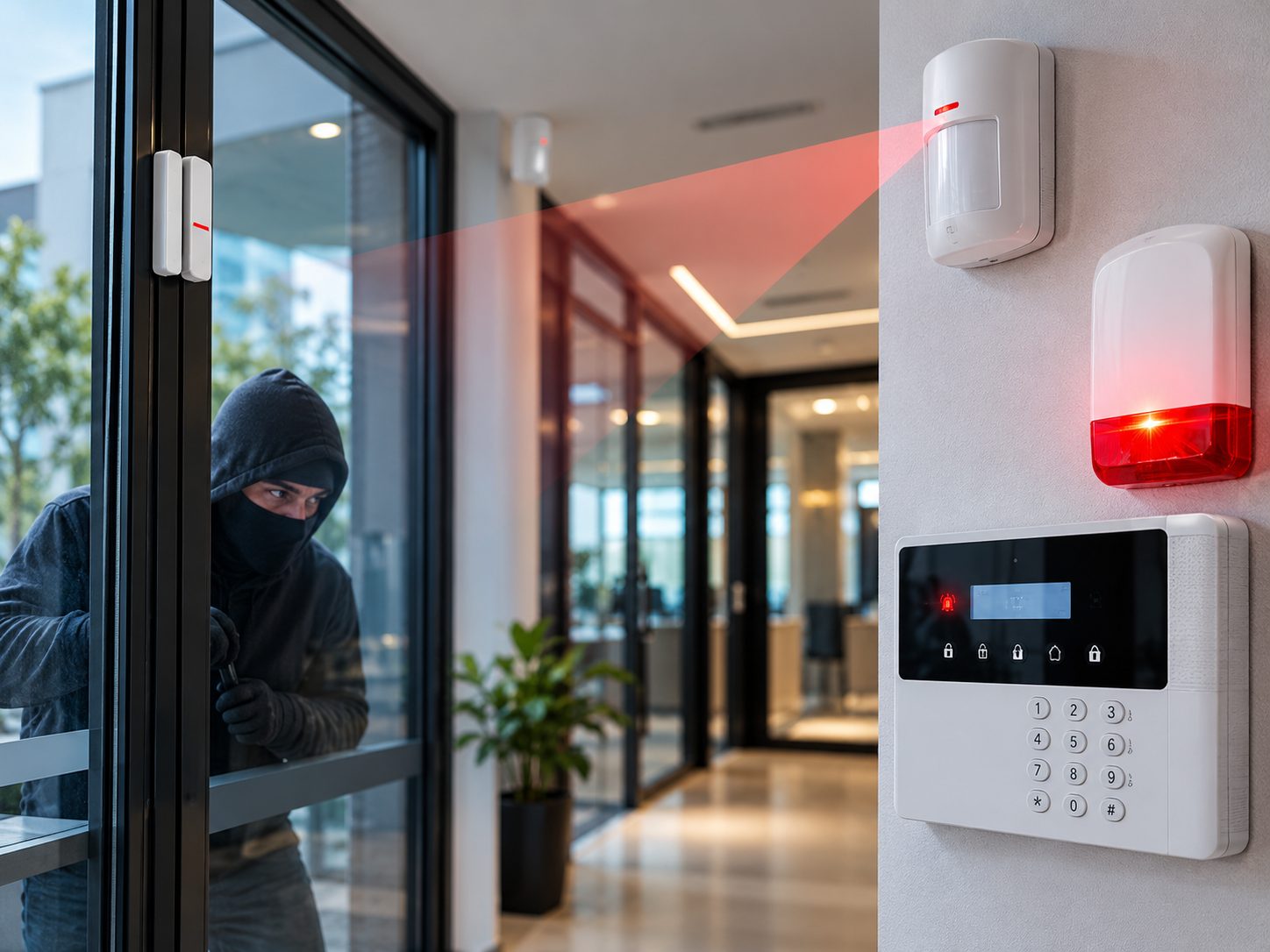Realistic commercial security environment with intrusion detection sensors, alarm keypad, siren and mobile intrusion alert.