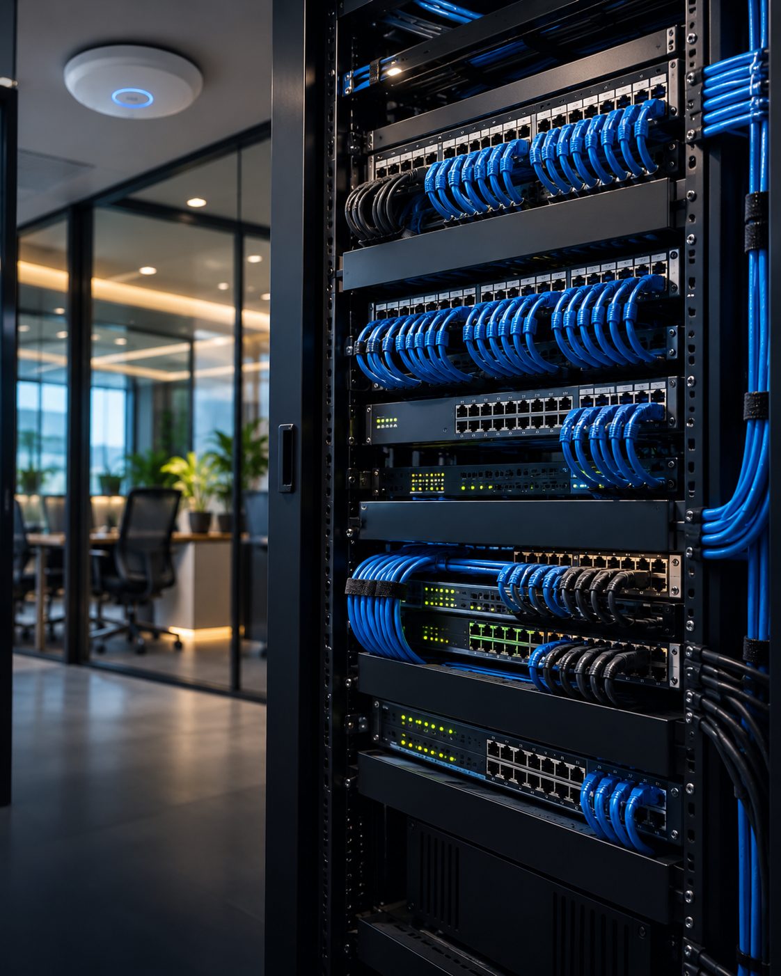 Structured network cabling terminated in a patch panel