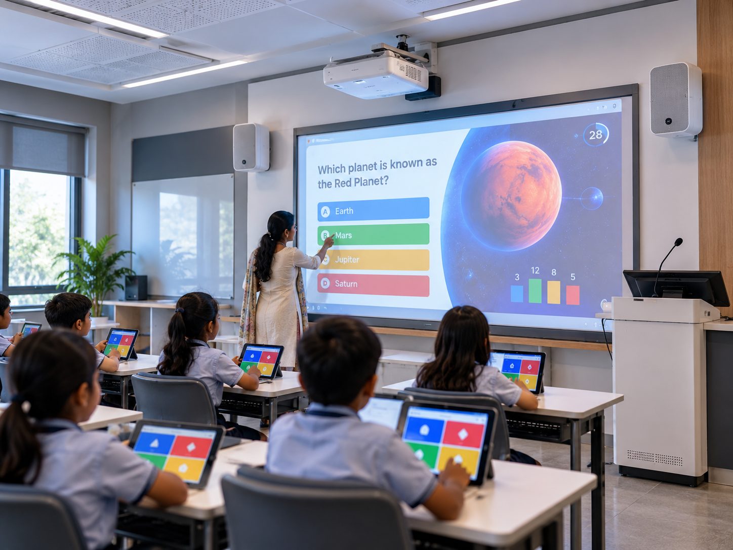 Realistic modern classroom with interactive projector/display, wall-mounted speakers, digital podium and students answering a live quiz using handheld or tablet devices.